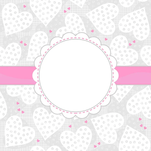 White and pink dotted hearts on light patterned background with white frame and pink ribbon horizontal background — Stock Vector