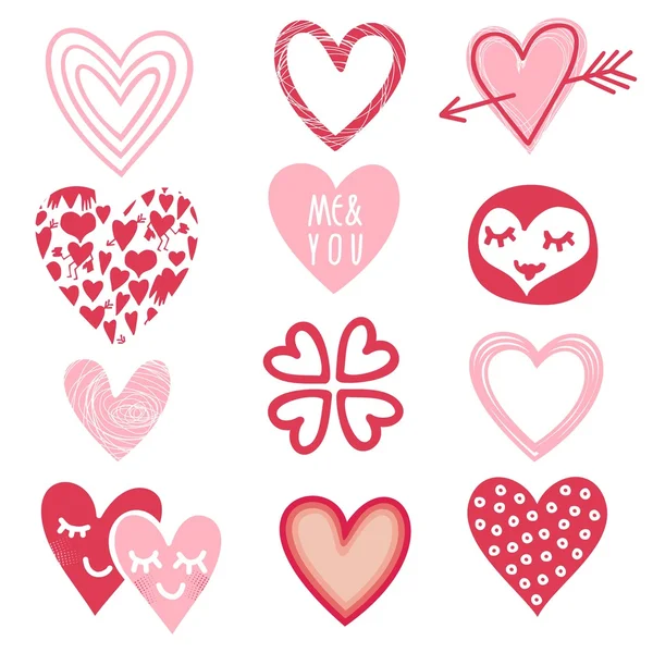 Pink red different heart designs on white background romantic doodle set — Stock Vector