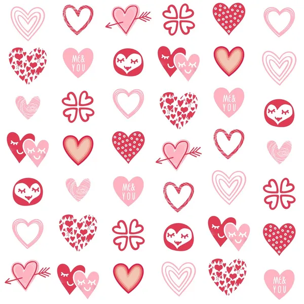 Pink red different heart designs on white background romantic seamless pattern — Stock Vector