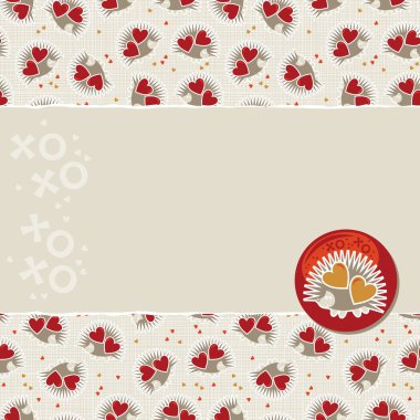 beyaz bej renkli sarı turuncu kırmızı hayvan çocukça seamless modeli ile kalpleri ve yırtık kağıt ve bir kirpi ile parlak düğme doğru scrapbook arka planda tutan küçük kirpi