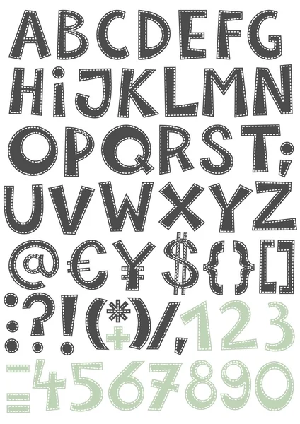 Lettere e numeri cuciti grigio e blu su sfondo bianco insieme alfabeto — Vettoriale Stock