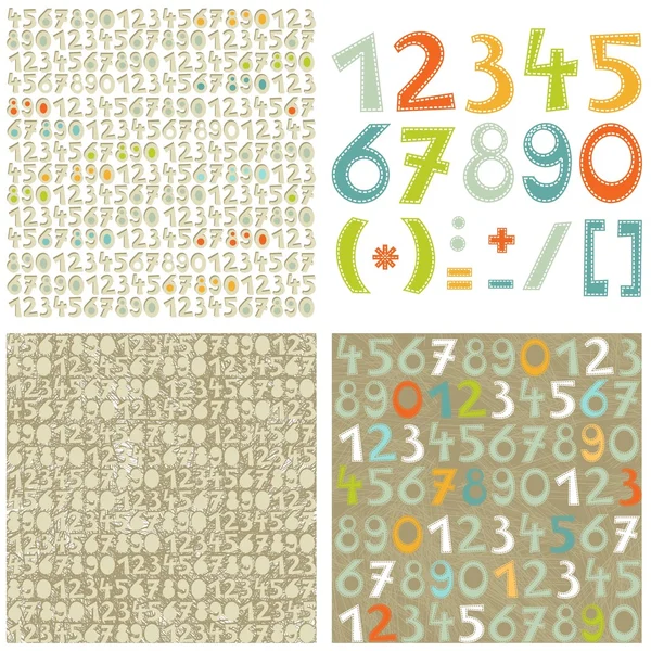 Colorful numbers education set and number seamless pattern on light and dark scrapbook background set — Stock Vector