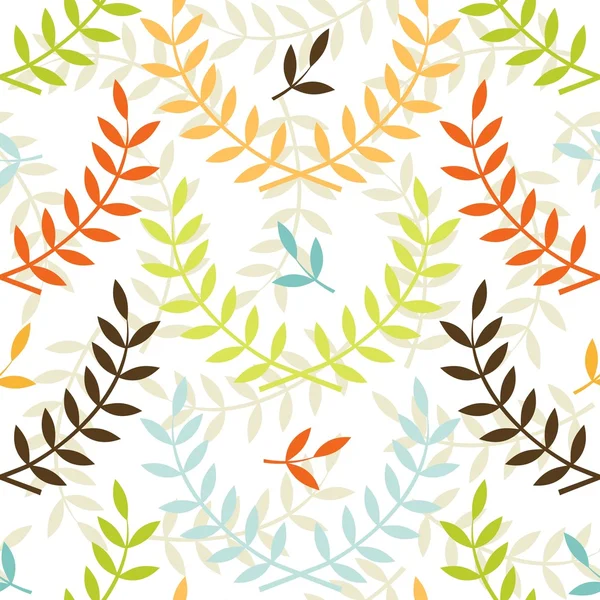 Colorful retro branches and leaves in regular rows on white background botanical abstract seamless pattern — Stock Vector