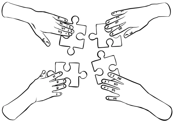 4 human hands holding pieces of puzzle black and white illustration — Stock Vector