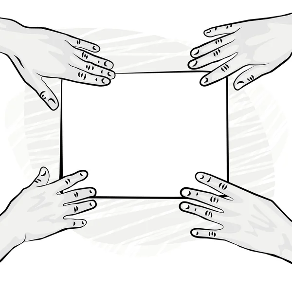 4 human hands holding white blank piece of paper monochrome illustration — Stock Vector