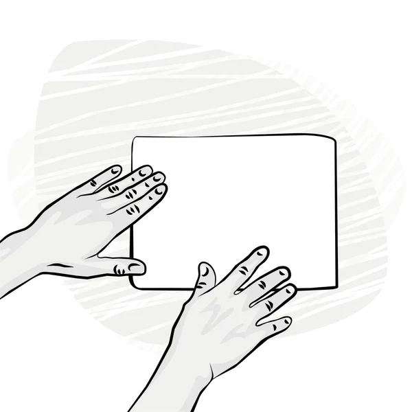 2 human hands holding left side of white blank piece of paper monochrome illustration — Stock Vector