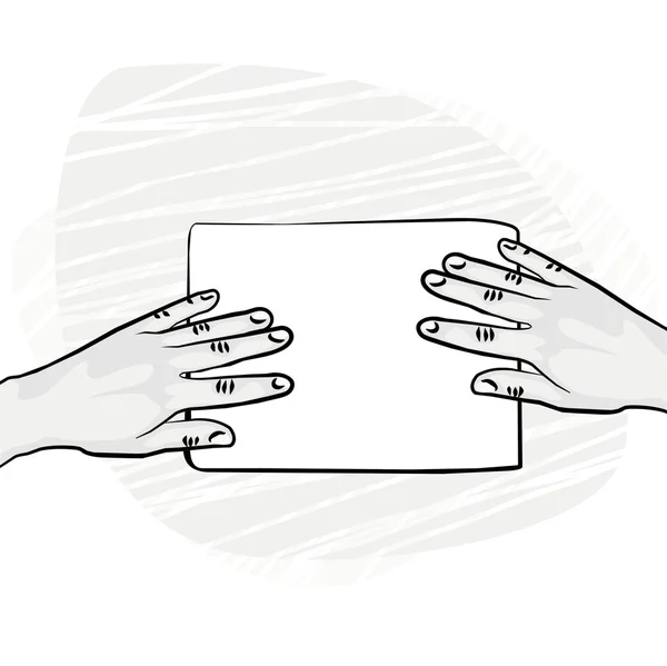 2 human hands holding 2 sides of white blank piece of paper monochrome illustration — Stock Vector