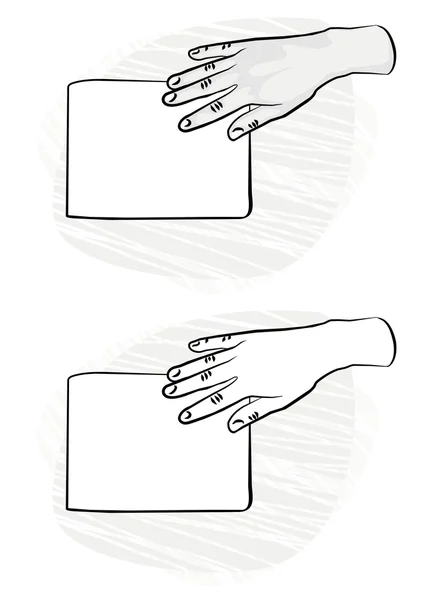 Mano umana che tiene parte superiore del pezzo bianco bianco bianco di carta monocromatica e illustrazione in bianco e nero — Vettoriale Stock