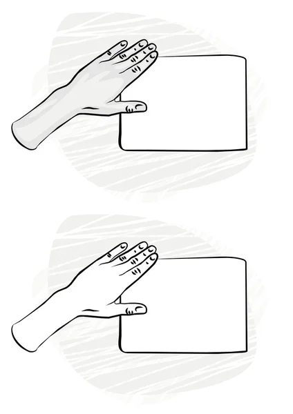 Ludzką ręką trzymając lewy góry białe pustej kartce białego papieru i czarno-biały ilustracja — Wektor stockowy