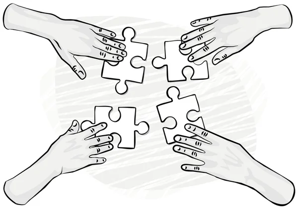 4 human hands holding pieces of puzzle monochrome illustration — Stock Vector