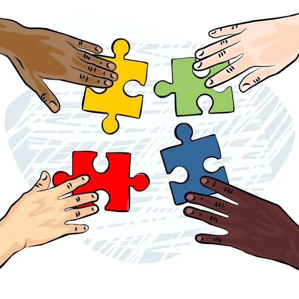Afro-américain asiatique caucasien indien humain mains tenant des morceaux de puzzle illustration colorée — Image vectorielle