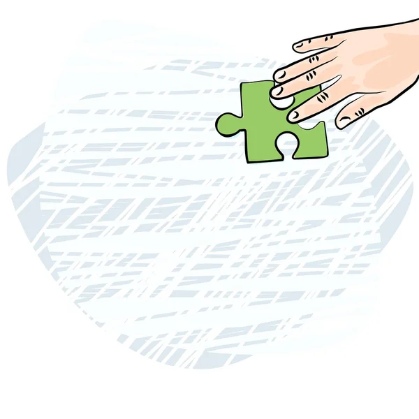 緑色のパズル要素のカラフルなイラストとコーカサス地方の人間の手 — ストックベクタ