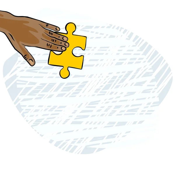 Americano ásia indiana humano mão com amarelo puzzle elemento colorido ilustração — Vetor de Stock