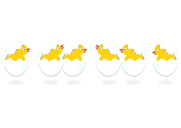 Weiße Eierschalen in Reihen mit kleinen Hühnern auf weißem Hintergrund — Stockvektor