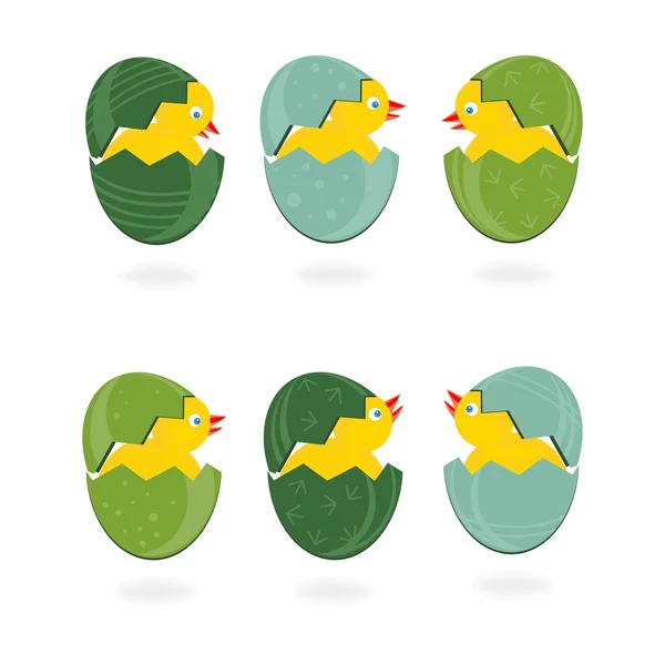 Grön turkos mönstrad påskägg i rader med små kycklingar på vit bakgrund holiday illustration — Stock vektor