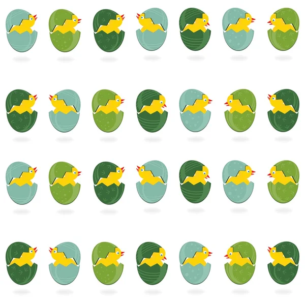 Turkus zielony wzorzyste pisanki w wierszach z little kurczaki na białe tło wakacje wzór — Wektor stockowy