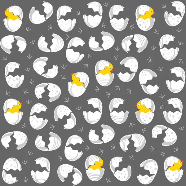 Messy broken white patterned Easter eggs with little chickens on dark background holiday seamless pattern — Stock Vector