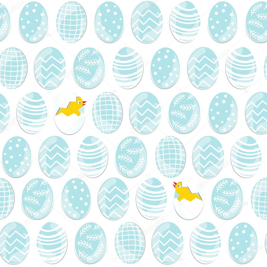 blue patterned Easter eggs in rows with little chickens on white background holiday seamless pattern