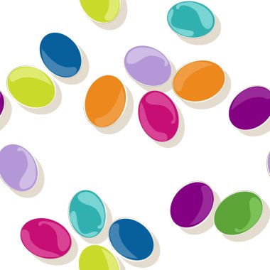 Beyaz arka plan tatil seamless modeli üzerinde dağınık renkli boyalı Paskalya yortusu yumurta