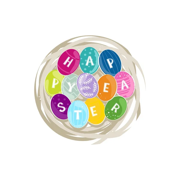 Happy Easter on colorful painted Easter eggs in a nest on white background holiday illustration — Stock Vector