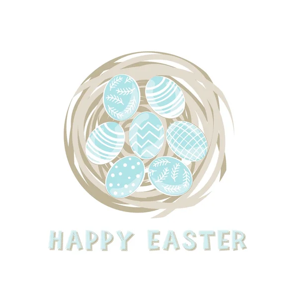 Blue patterned Easter eggs in a nest on white background with wishes holiday illustration — Stock Vector