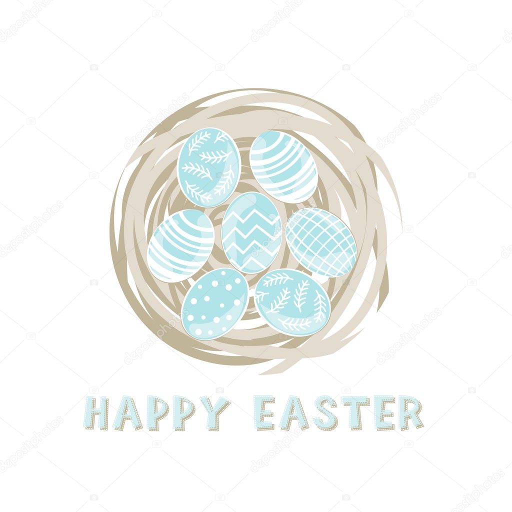 Blue patterned Easter eggs in a nest on white background with wishes holiday illustration