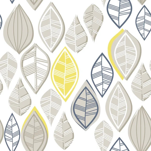 Retro beige azul marino amarillo blanco hojas en filas sobre fondo blanco patrón estacional sin costuras — Vector de stock