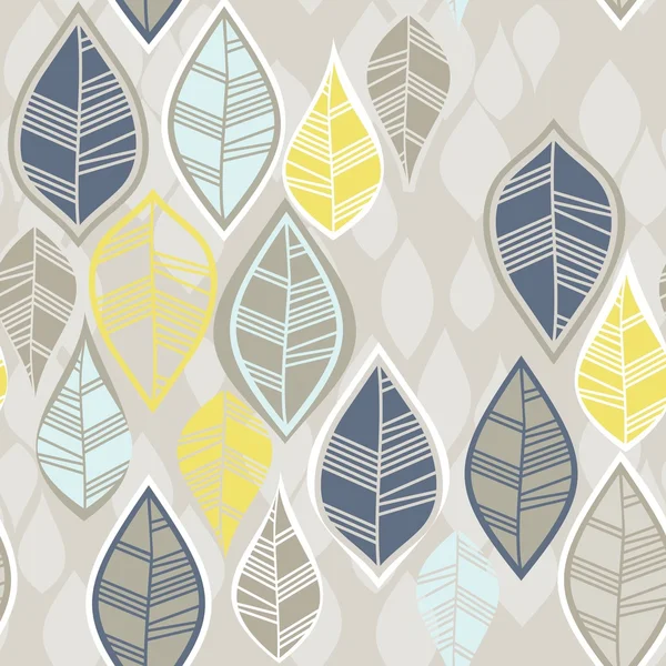 Retro beige blue navy yellow white leaves in rows on white background seasonal seamless pattern — Stock Vector