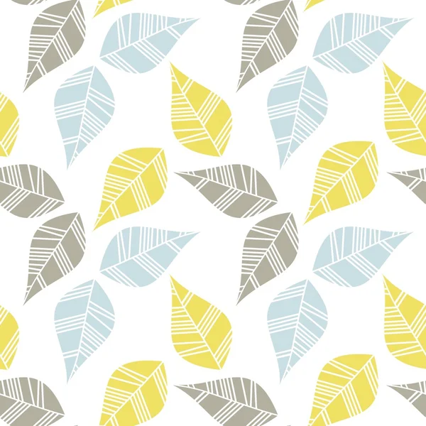 Beige blue yellow leaves in rows on white background seasonal seamless pattern — Stock Vector