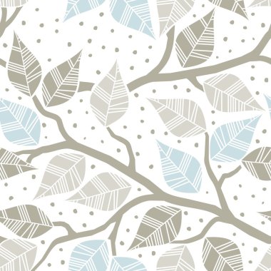 kahverengi bej mavi beyaz noktalı arka mevsimlik seamless modeli dallarda yaprak