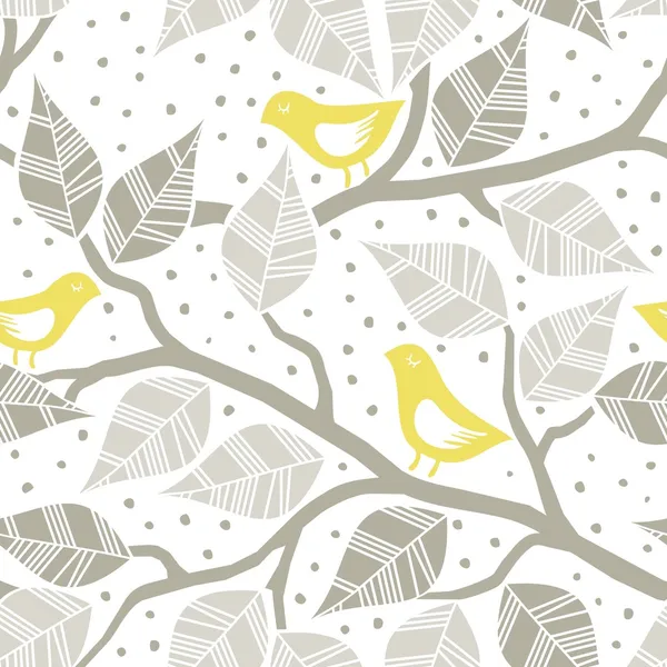 Yellow birds on branches with beige leaves on white dotted background seasonal seamless pattern — Stock Vector