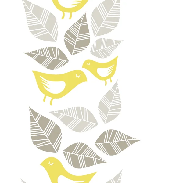 米色灰色树叶和黄色白色背景季节性无缝垂直边界上的鸟 — 图库矢量图片