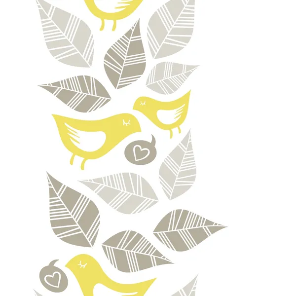 Beige grå blad och gula fåglar sjunga av kärlek på vit bakgrund säsongsbetonade sömlös lodrät kantlinje — Stock vektor