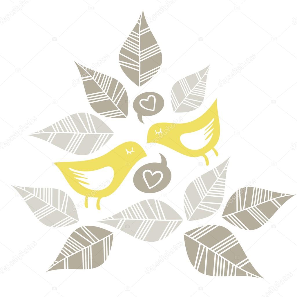 beige gray leaves and yellow birds singing of love on white background romantic love marriage wedding illustration