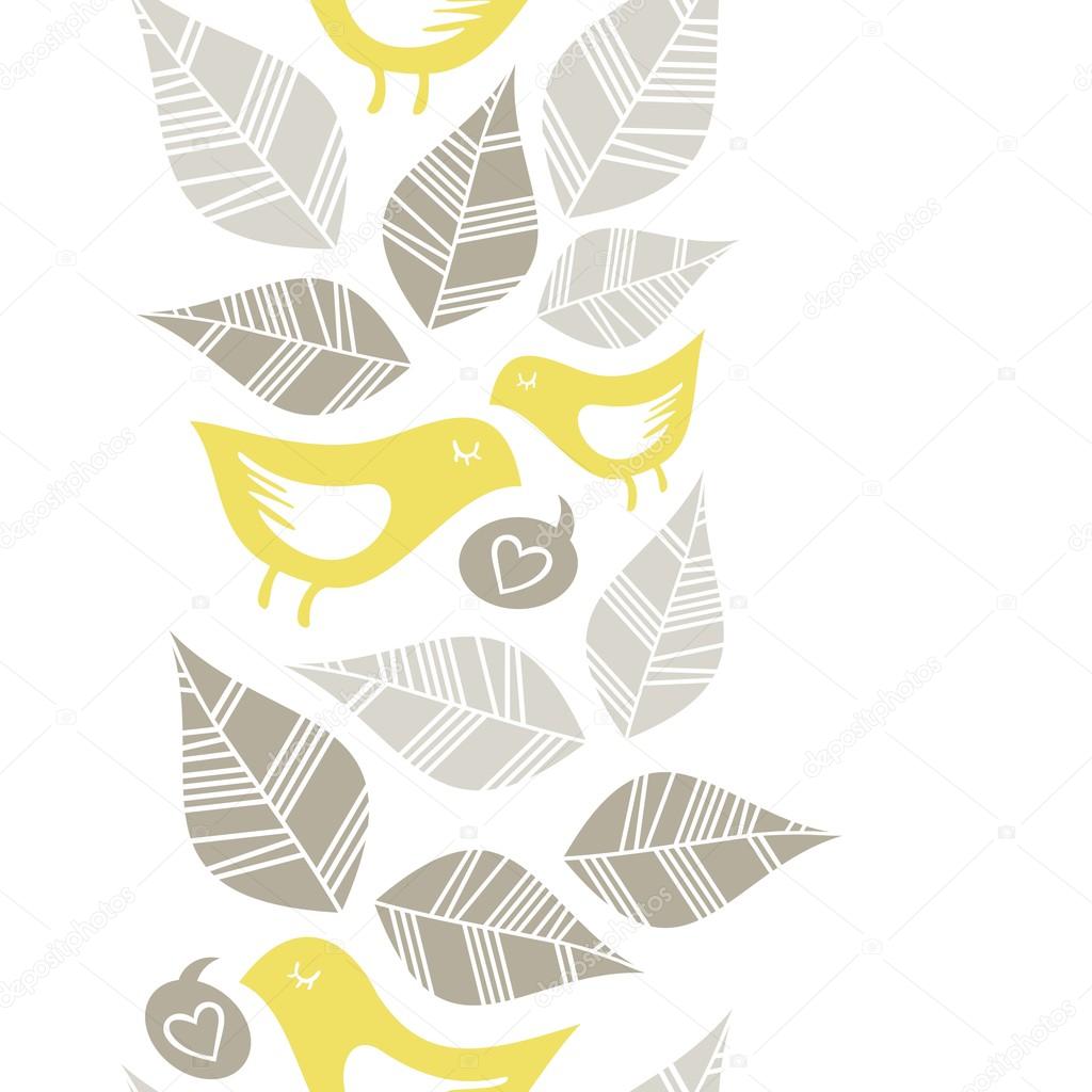 beige gray leaves and yellow birds singing of love on white background seasonal seamless vertical border