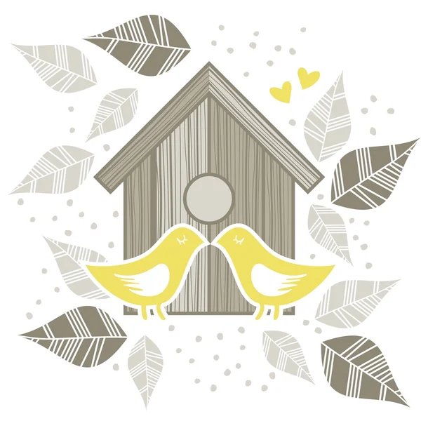 Pájaros amarillos besándose delante de la caja de pájaros de madera sobre fondo blanco con hojas grises beige y puntos romántico amor matrimonio guardar la fecha boda ilustración — Vector de stock