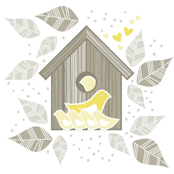 Familia de pájaros amarillos con niños delante de la caja de pájaros de madera sobre fondo blanco con hojas y puntos gris beige amor matrimonio familia nuevo miembro ilustración — Vector de stock