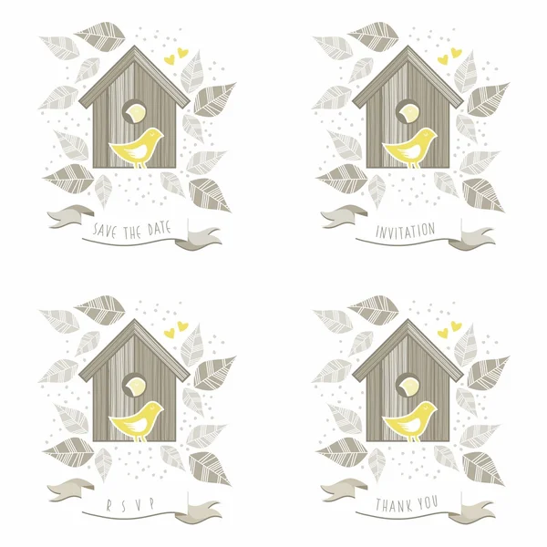 Uccelli gialli in scatola di legno uccello su sfondo bianco con beige foglie grigie e puntini romantico salvare la data invito rsvp grazie si ama matrimonio illustrazione matrimonio — Vettoriale Stock