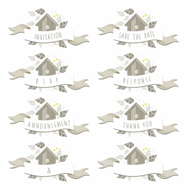 Boîte à oiseaux en bois sur fond blanc avec des feuilles et des points gris beige romantique enregistrer la date invitation rsvp merci amour mariage bannière ensemble — Image vectorielle