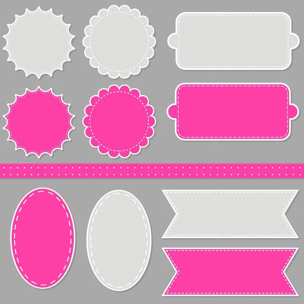 Rosa gris etiqueta cosida conjunto con lugar para su texto y cinta punteada sin costuras — Vector de stock