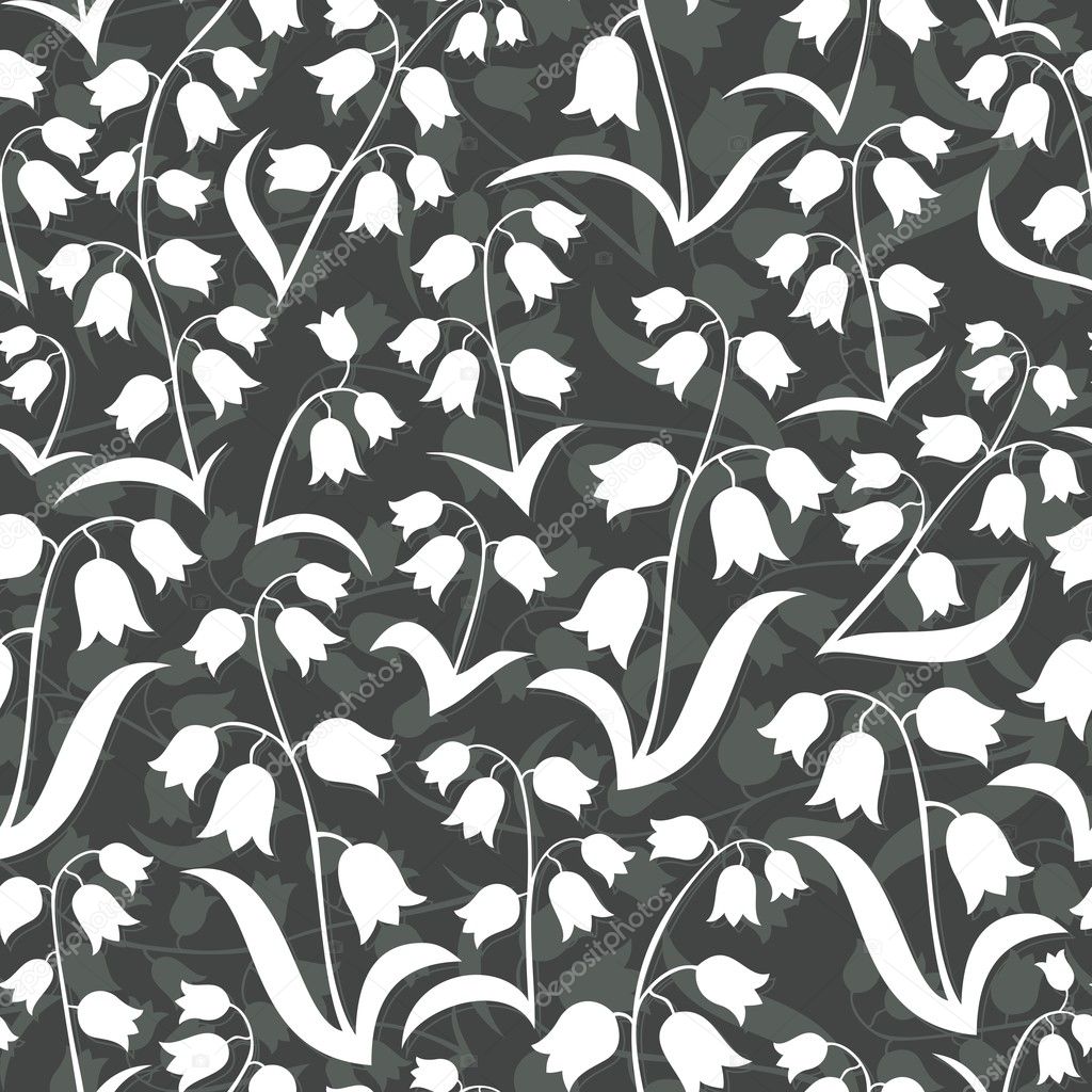 monochrome delicate silhouette flowers with leaves lilies of the valley type on dark background floral seamless pattern
