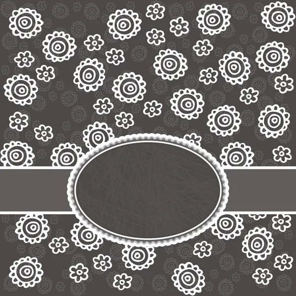 Monochrome delicate white lace flowers on dark gray background cartoon style floral pattern with ribbon and blank frame with place for your text decorative background — Stock Vector