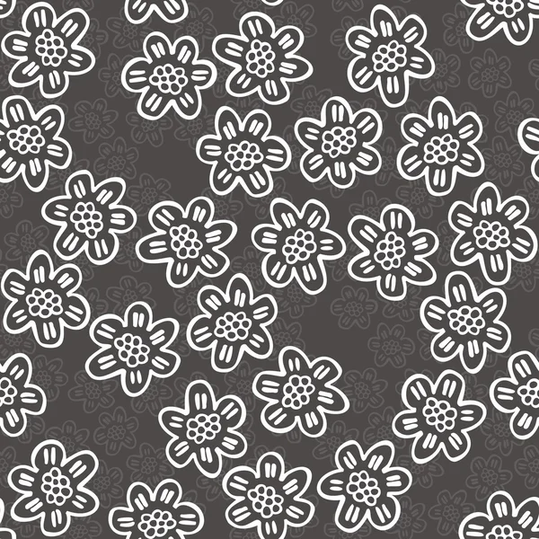 Fekete-fehér, finom, fehér csipke virágok szirmok, sötét szürke háttér vonalakkal rajzfilm stílusú zökkenőmentes virágmintás — Stock Vector