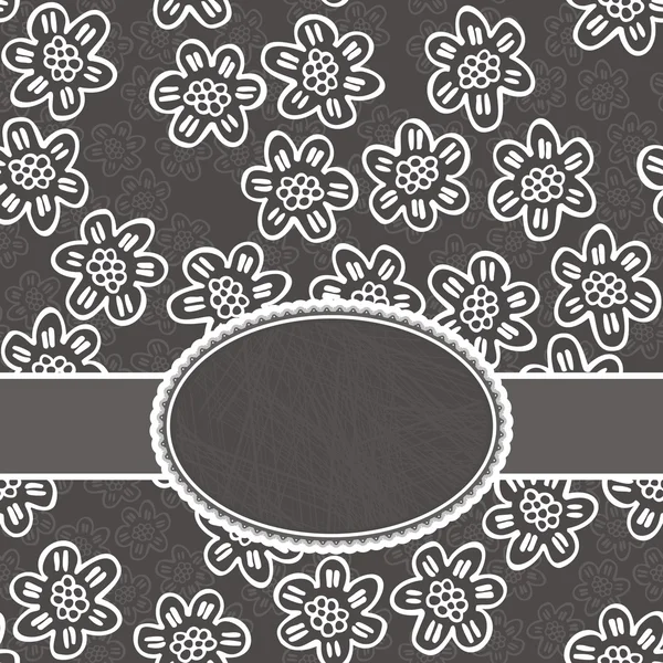 Flores de encaje blanco monocromo con pétalos con líneas sobre fondo gris oscuro patrón floral de estilo de dibujos animados con cinta y marco en blanco con lugar para su texto fondo decorativo — Vector de stock