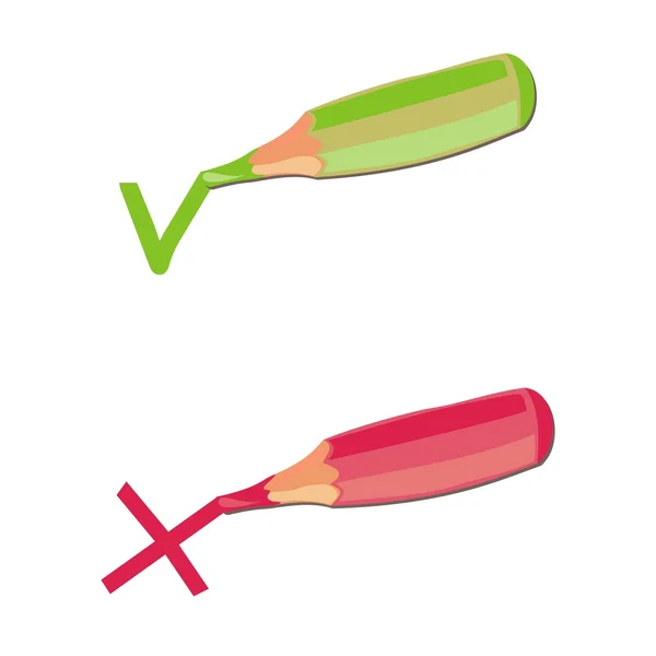 Pastelli colorati verde sì rosso nessun segno stile cartone animato illustrazione di negazione e accettazione su sfondo bianco — Vettoriale Stock