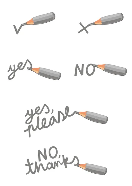 Svartvitt kritor illustrationer av negation och acceptans ja Snälla ingen tack text på vit bakgrund tecknad stil set — Stock vektor