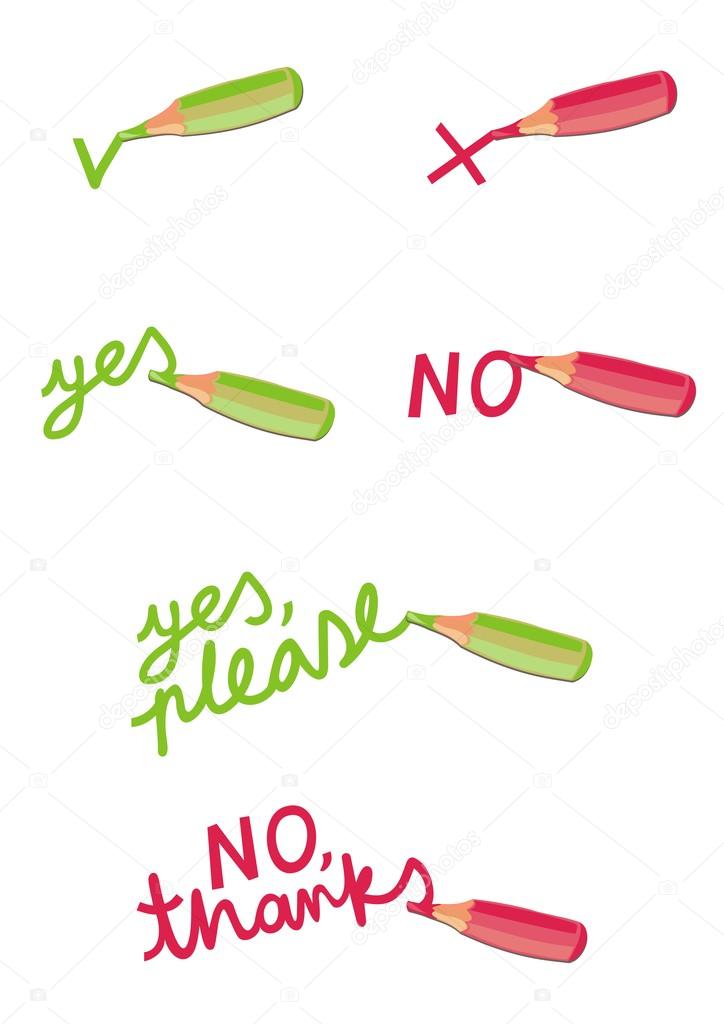 colorful crayons illustrations of negation and acceptance green yes please red no thanks text on white background cartoon style set