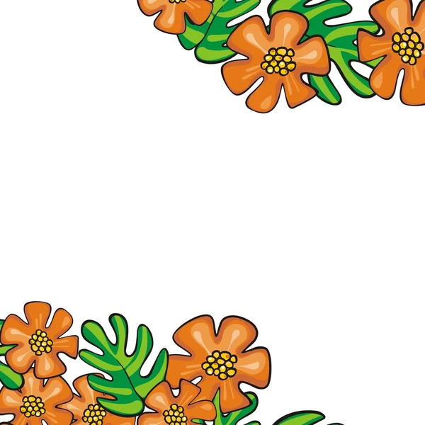 Flores de laranja exóticas selvagens coloridas e folhas verdes isoladas no fundo floral estilo cartoon branco com lugar vazio para o seu —  Vetores de Stock