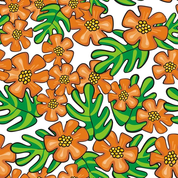 Flores de laranja exóticas selvagens coloridas e folhas verdes no fundo branco desenho animado estilo floral sem costura padrão — Vetor de Stock