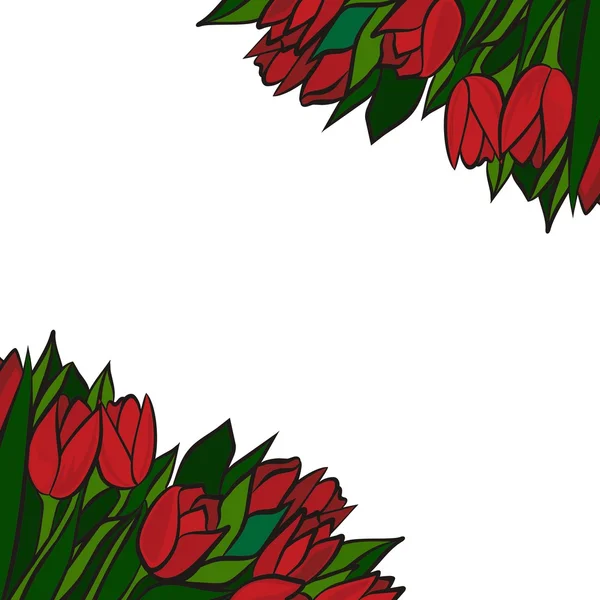 Tulipanes rojos de primavera con hojas verdes sobre fondo de tarjeta de celebración sin costuras florales blancas — Vector de stock